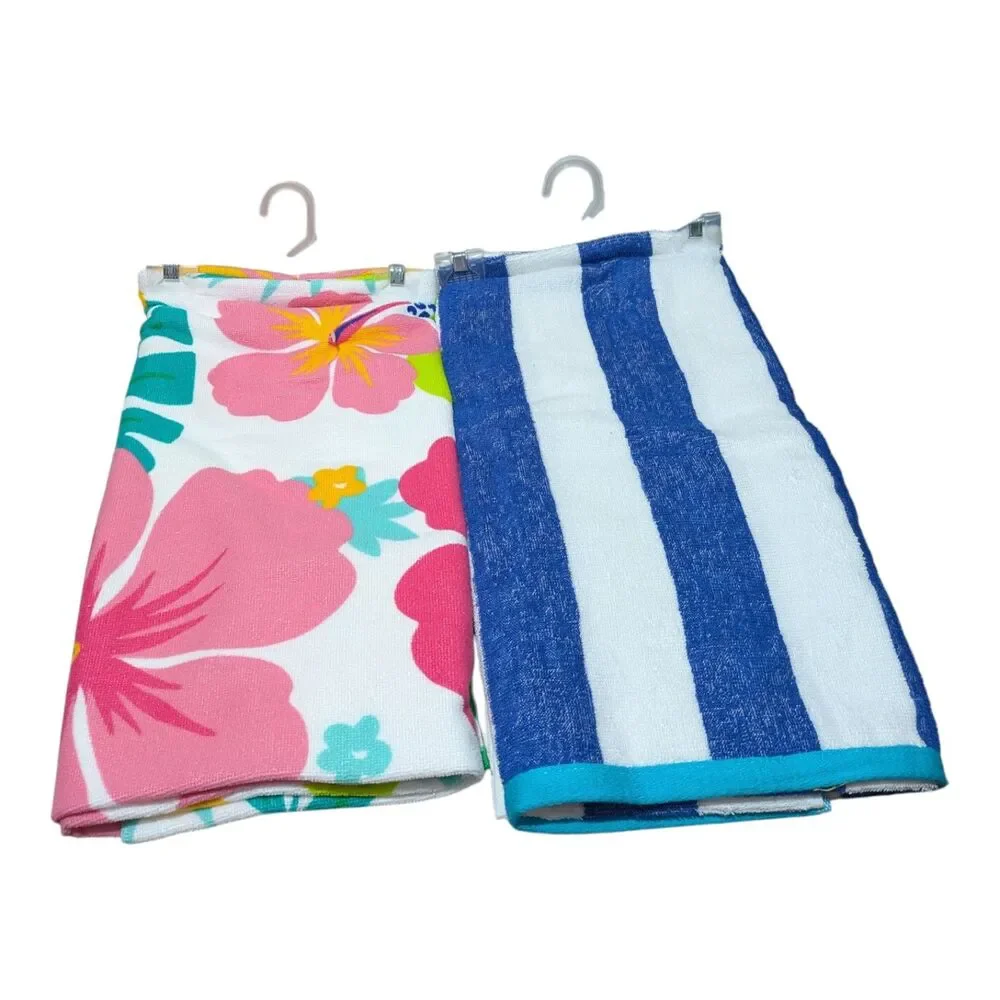 Beach Towel Bundle – Tropical Floral & Blue Stripe Towels Set of 2